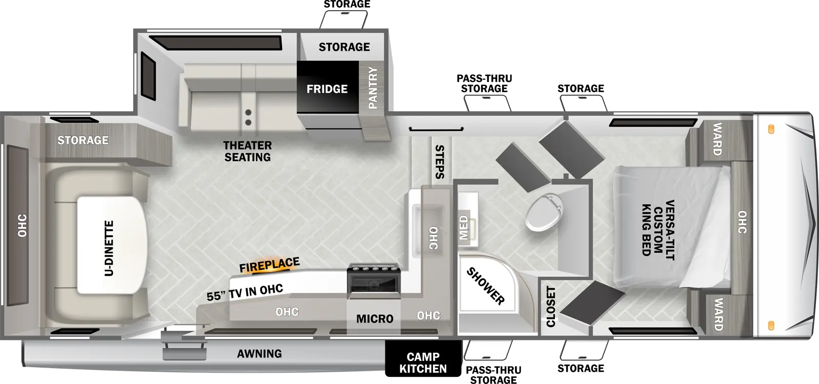 The F255RD has one slideout and two entries. Exterior features storage, camp kitchen, and awning. Interior layout front to back: foot-facing RV king bed with shelf, wardrobes on each side, off-door side hamper, and entry; Full split pass-through bathroom with linen closet and medicine cabinet; off-door side slideout with pantry, refrigerator, and sleeper sofa; kitchen counter with sink and overhead cabinet wrap from inner wall to door side with microwave, cooktop, fireplace and second entry; rear u-dinette, storage, and overhead cabinet.